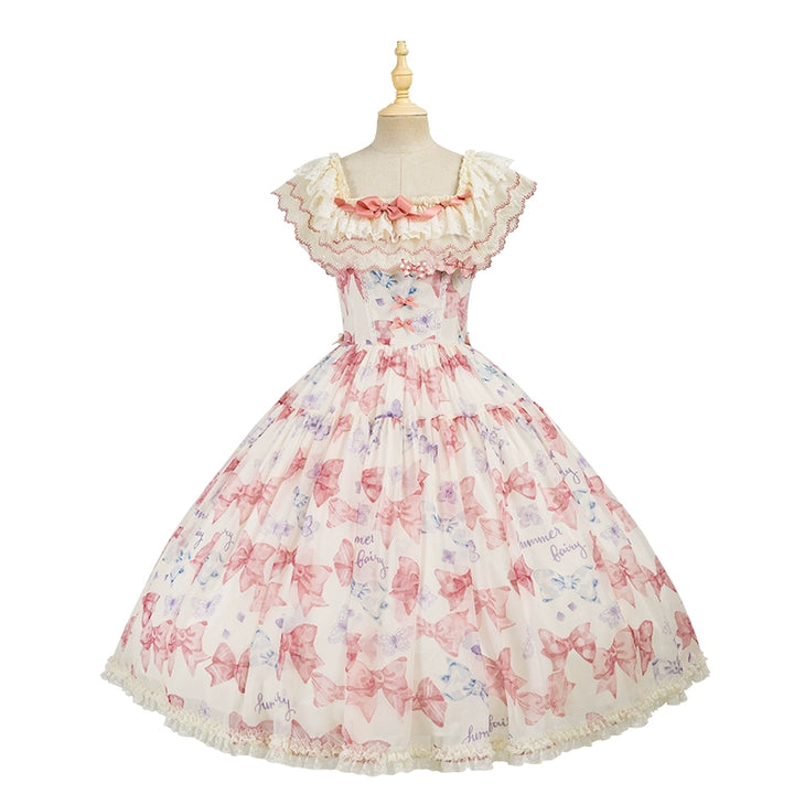 Summer Fairy~Eternal Garden~Sweet Lolita Dress Suit Elegant Open-Shoulder OP and JSK Pink open-shoulder OP XS