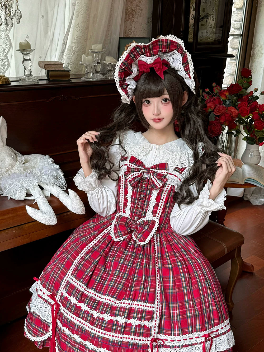 Plaid Petal Bunny - Old School Lolita Bunny Ear Headdress, Bear Ear Apron 44742:820793