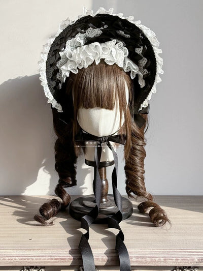 MAID~Elegant Lolita Bonnet Black and White Lolita Hat   