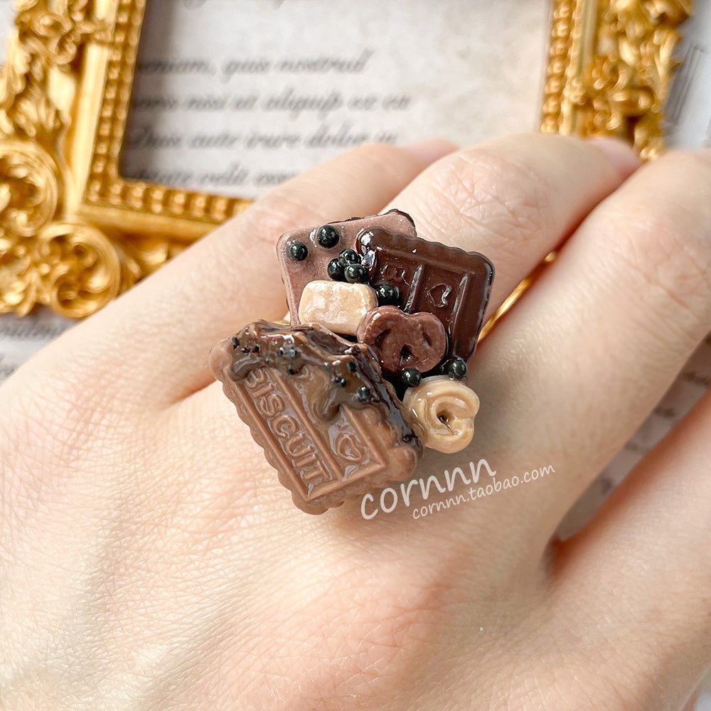 (Buyforme)Cornnn~Handcrafted Mini Chocolate Sauce Cookie Adjustable Ring   