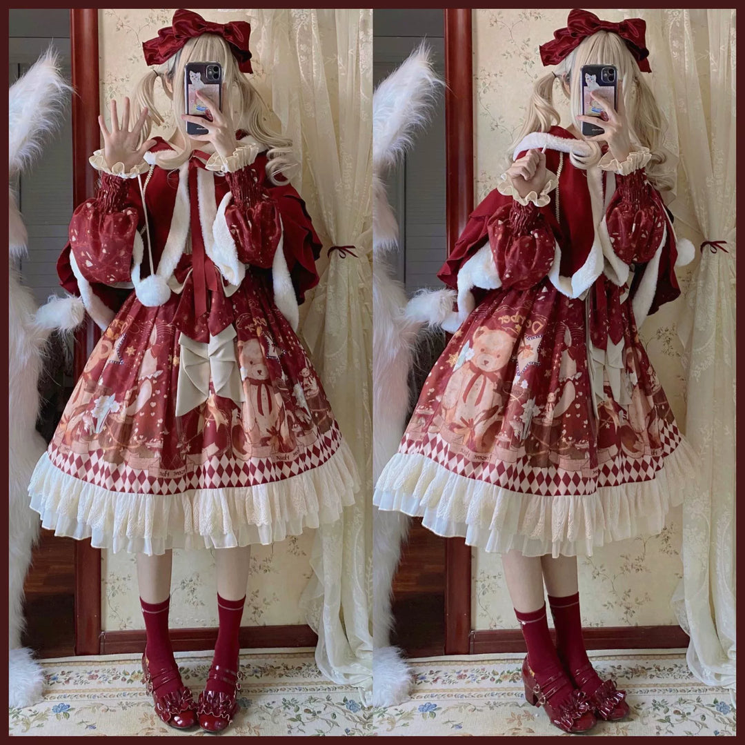 Matutu~Sweet Bear Gift House~Sweet Lolita Suit Christmas Lolita OP and Cape   