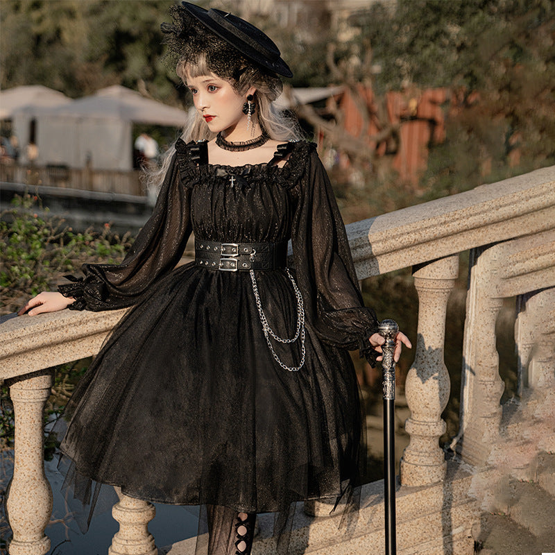 Cornfield Lolita - The Girl Assassin - Halloween Gothic Lolita Irregularly Hemline Dress S short version-black