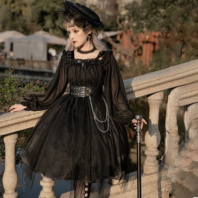 Cornfield Lolita~The Girl Assassin~Halloween Gothic Lolita Irregularly Hemline Dress S short version-black 