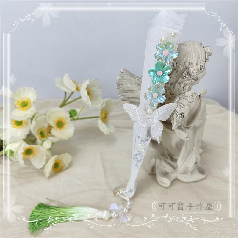 Cocoa Jam~Han Lolita Fan Decorative Folding Fan with Butterfly and Flowers Tassel turquoise green  