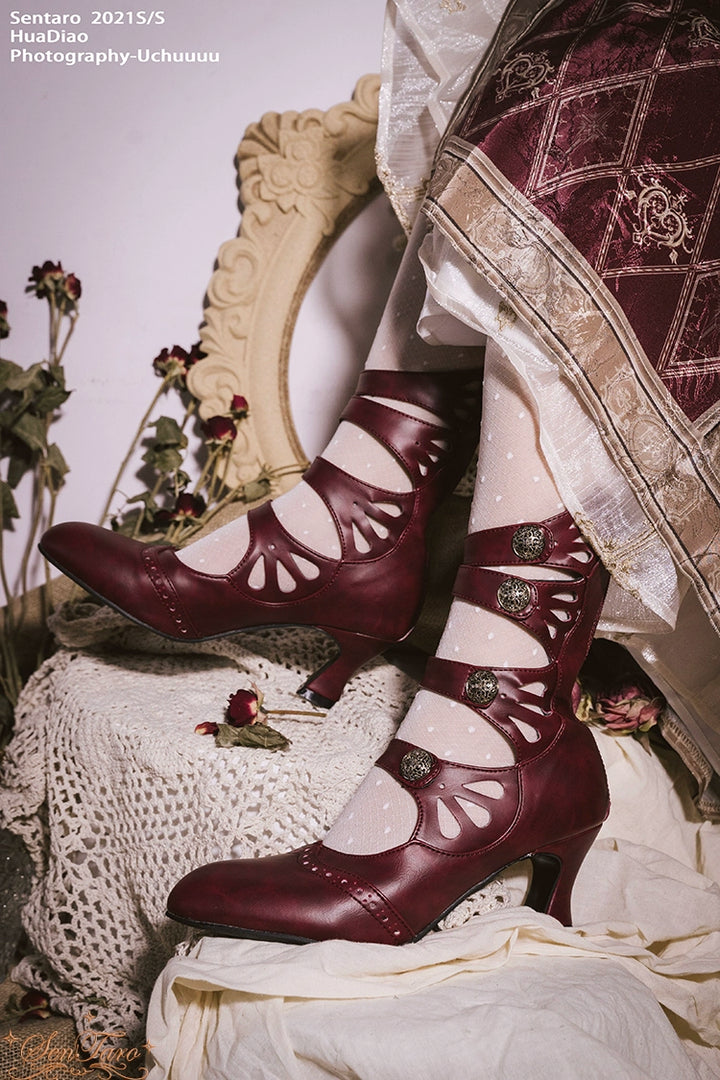 Sentaro~Floral Carved~Vintage Lolita Shoes Mary Jane Hollow-out Ankle Boots