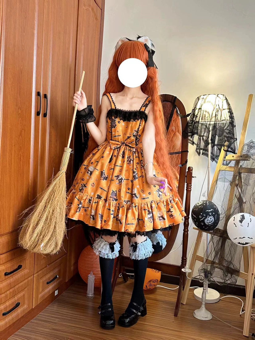 (Buyforme)Strawberry Alice~Mew Mew Witch Halloween Cat Print Lolita JSK   