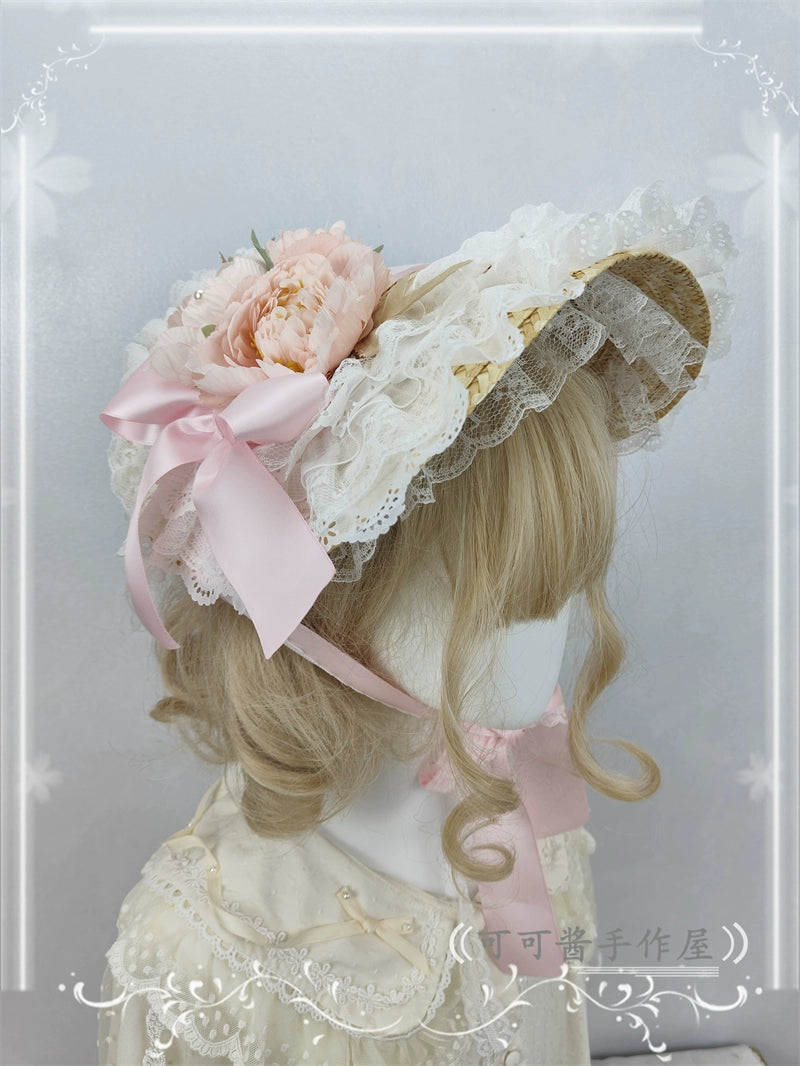 Cocoa Jam~Country Lolita Bonnet Lace Flower Flat Cap Multicolors Customized 36112:524718