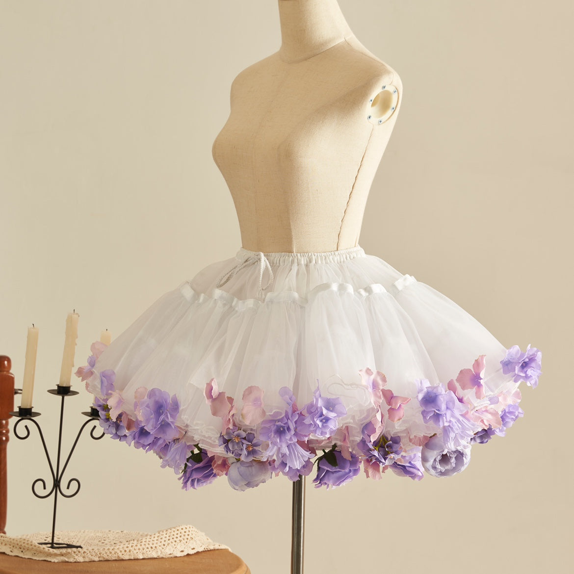 Sky Rabbit - Floral Lolita Petticoat with Detachable Trim White X Light Purple One Size Double-layer Petticoat - 35 cm (2 petticoats included)