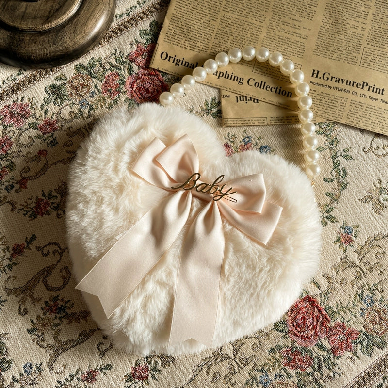 MAID~Kawaii Lolita Heart Bag Plush Pearl Chain Handbag Ivory  