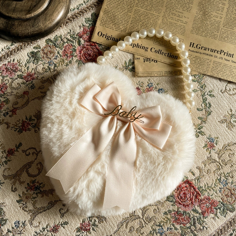 MAID~Kawaii Lolita Heart Bag Plush Pearl Chain Handbag 32554:388586