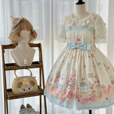 GD Lolita~Cake House~Sweet Lolita Bear Print Blue Dress Set   