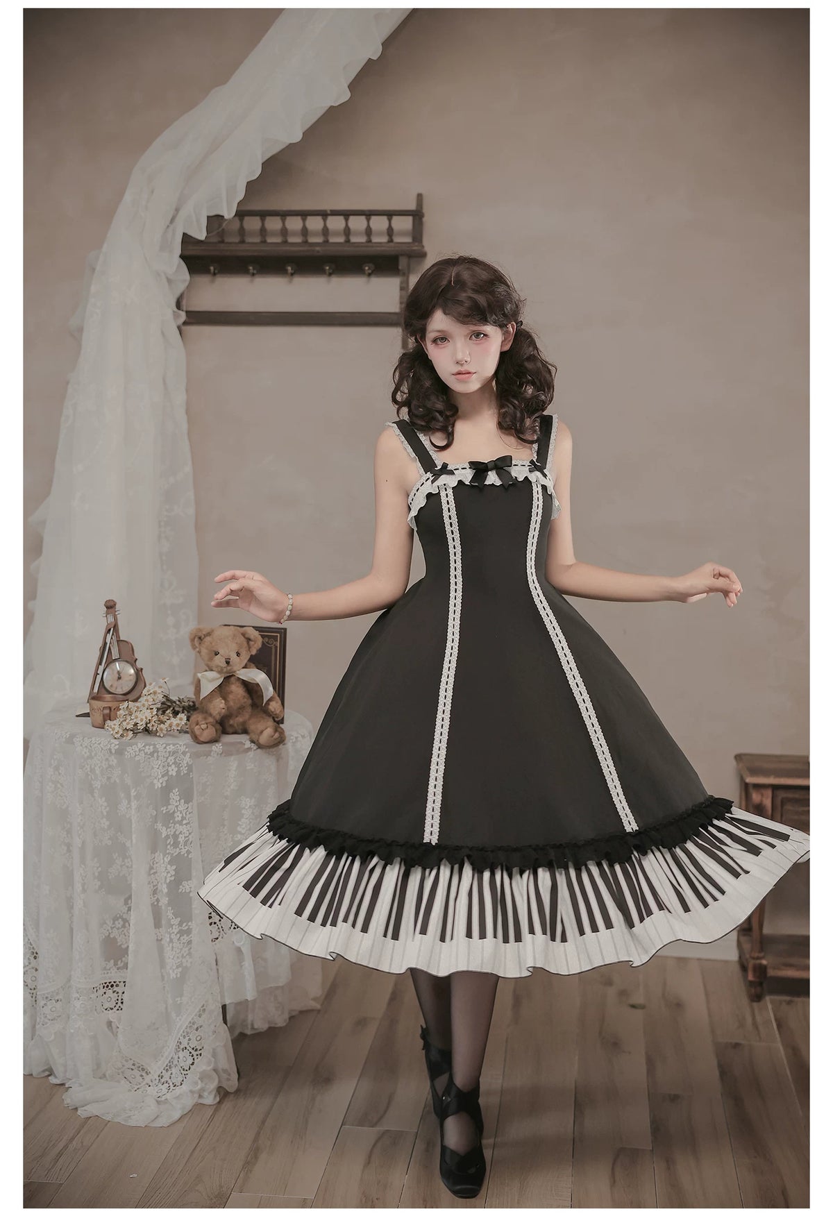 Solo Moment - Classic Lolita JSK & Blouse Dress Set, Piano Keys Print 45940:869020