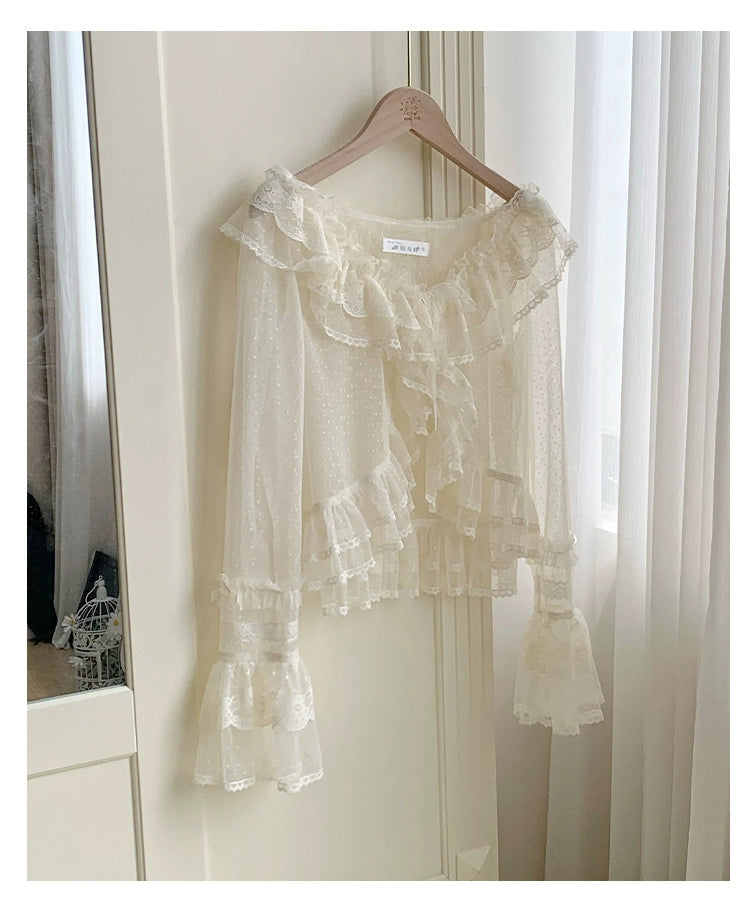 With PUJI~Flower Visage~Summer Lolita Sheer Cardigan with Rose Brooch Beige - Cardigan Only S