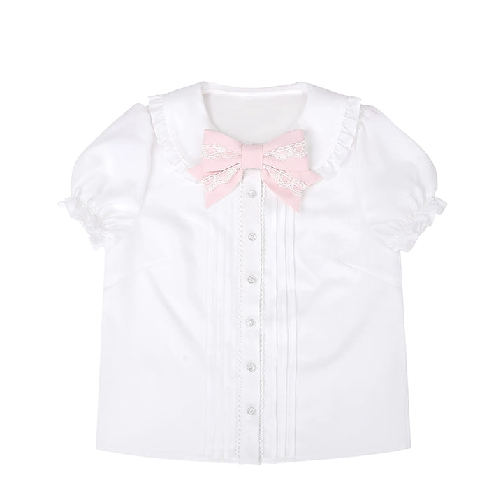 To Alice~Old School Lolita Salopette Suit Tiered Dress White shirt with pink bow S