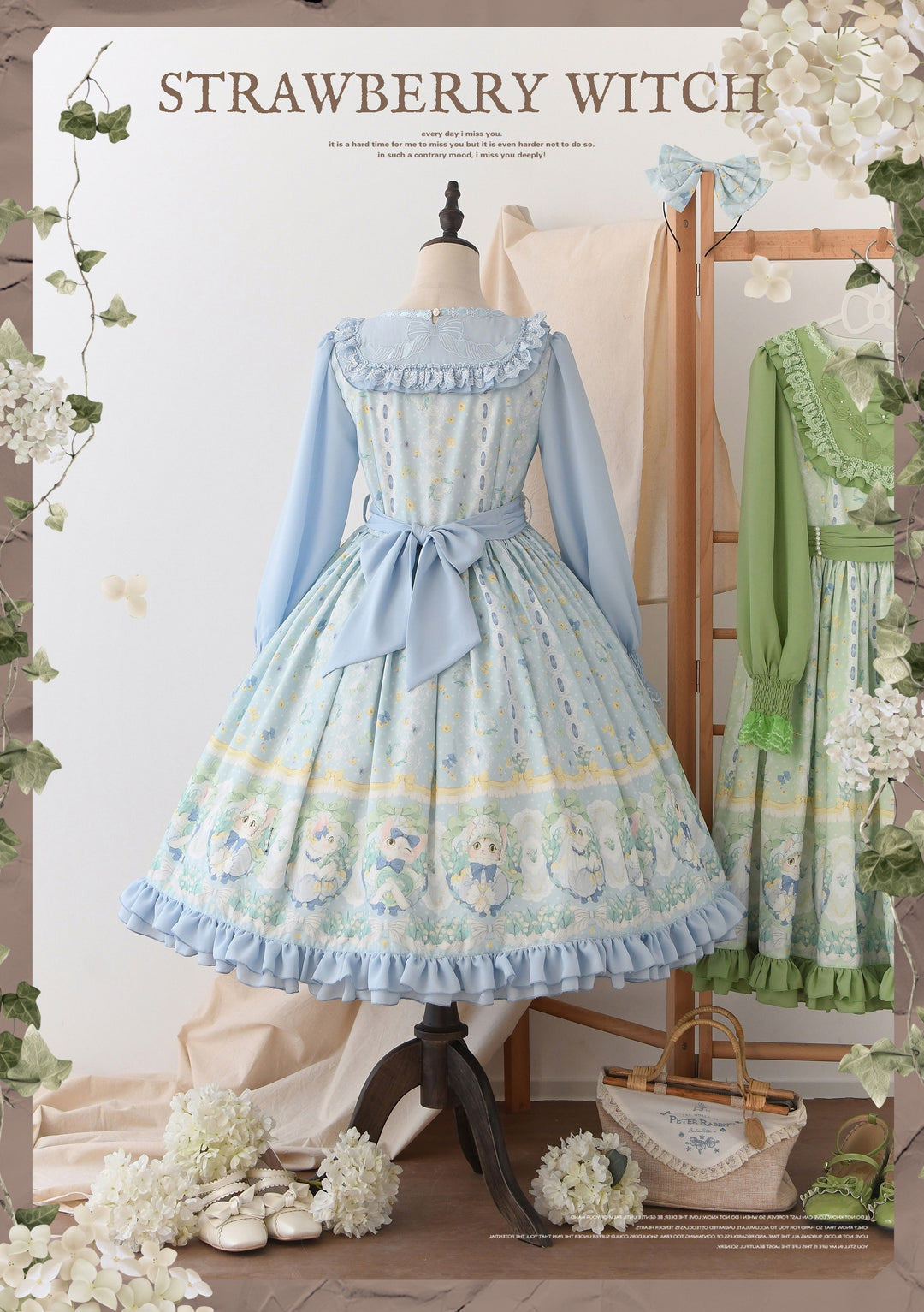 Strawberry Witch~Lily of the Valley Kitten~Country Lolita OP with Embroidery and Cat Print 42299:743235