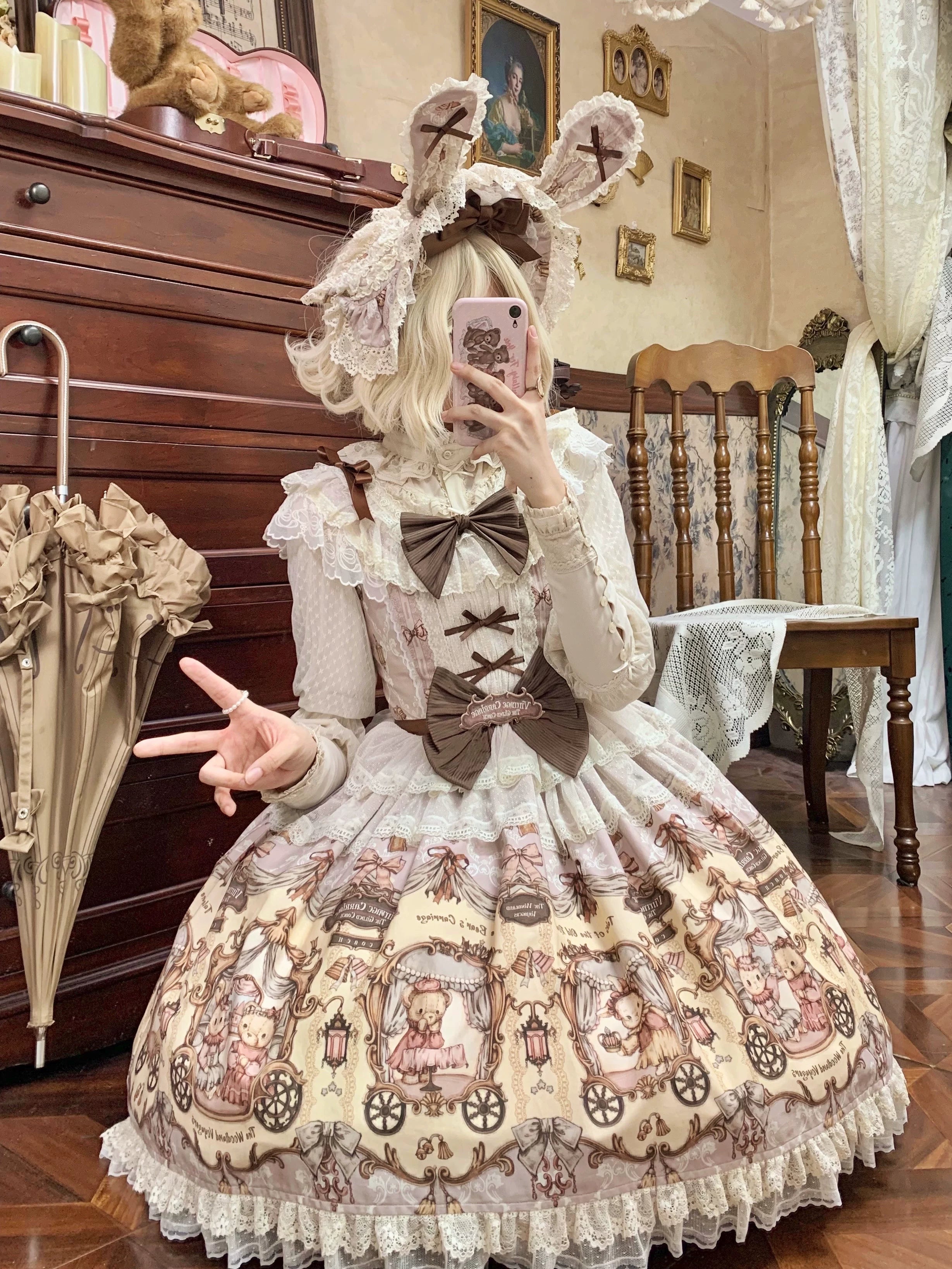 Bunny and Bear - Printed Sweet Lolita Dress, Lace and Bow Details Brown JSK Only S