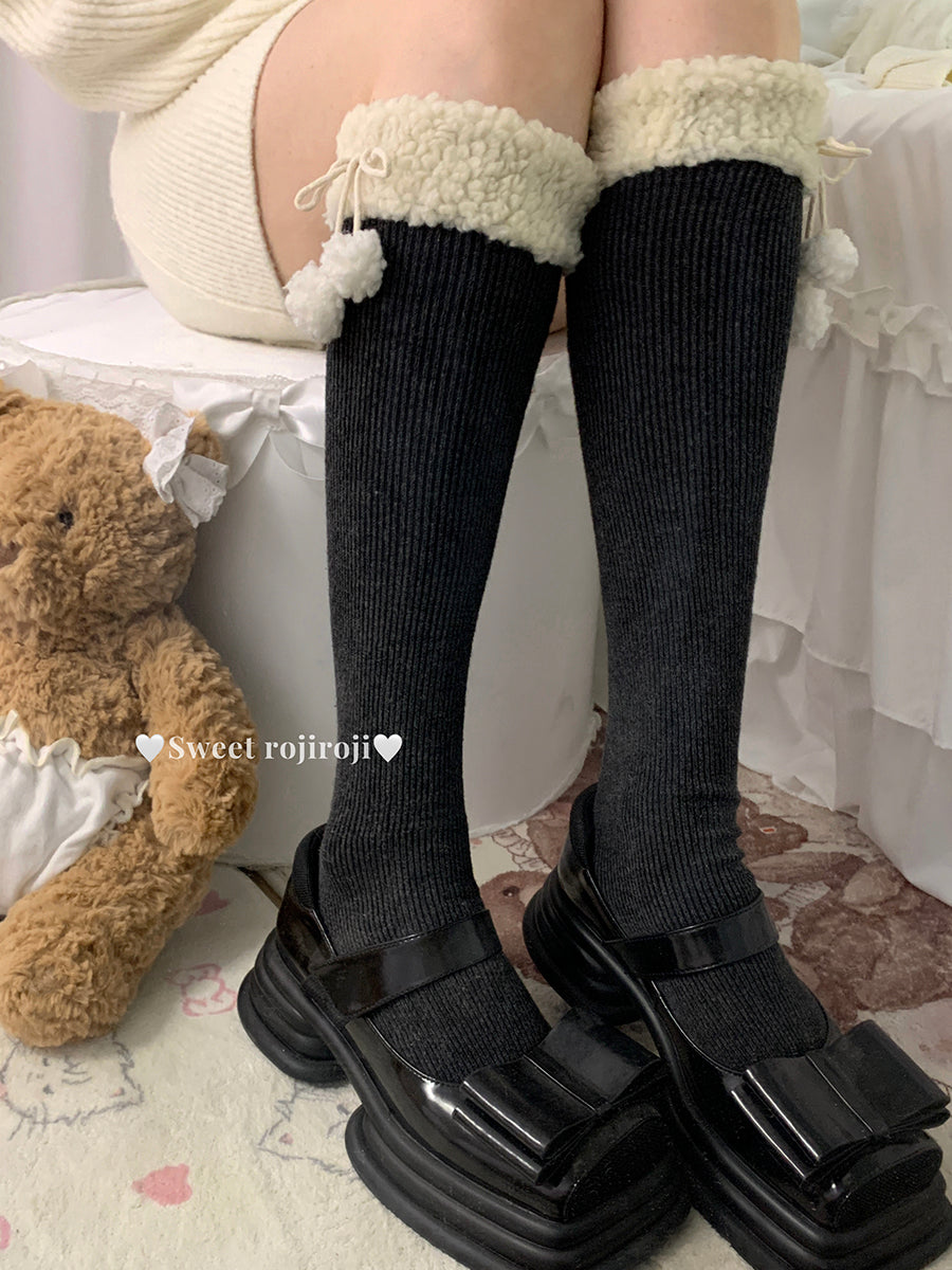 Roji Roji - Winter Fuzzy Ball Lolita Socks Over Knee Thick Socks One Size Black (calf socks)-45cm