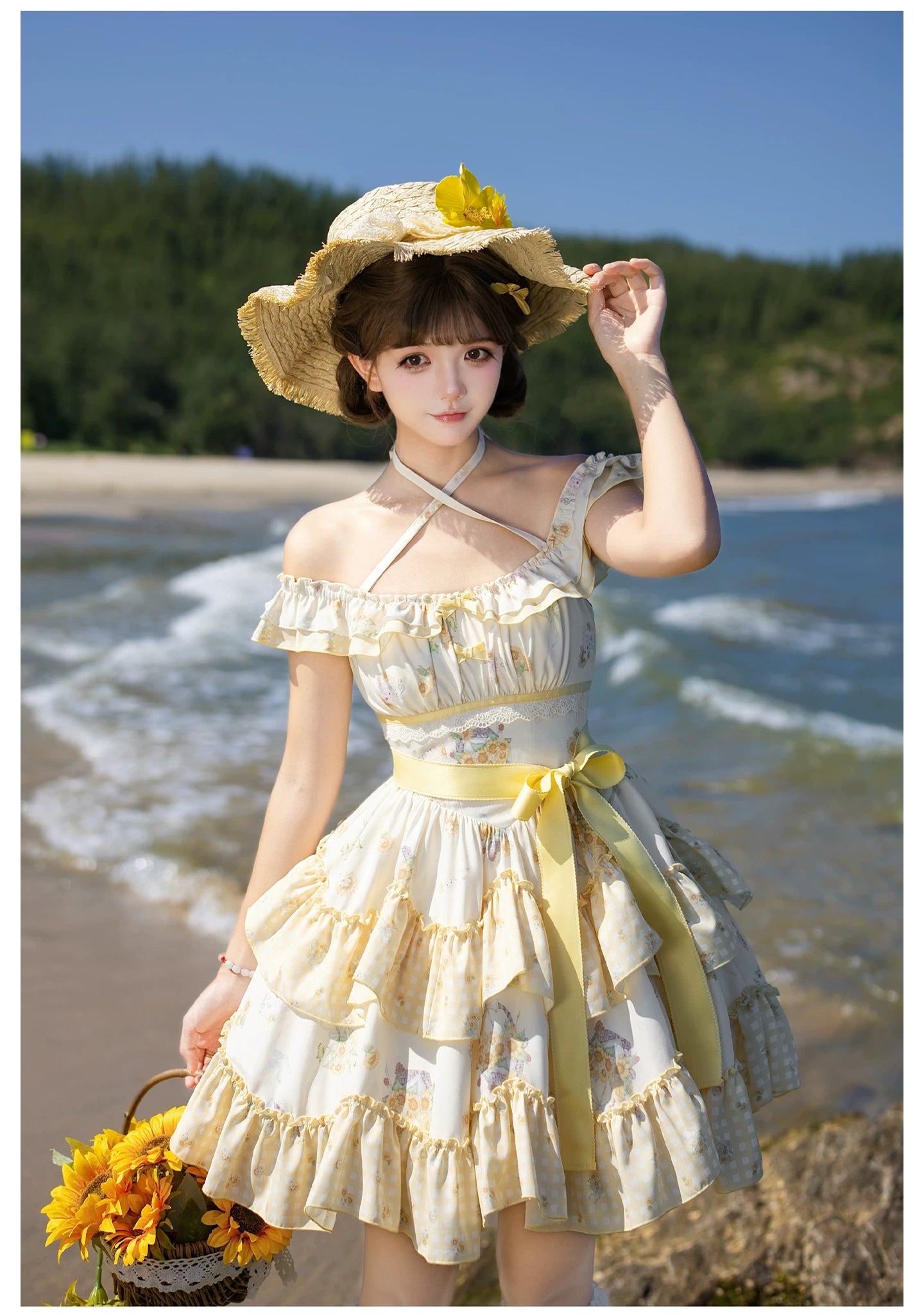Small Sunflower - Classic Lolita Sunflower Printed JSK Dress, Tiered Hem 45740:860906