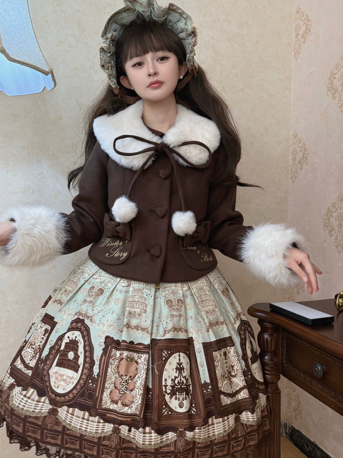 Sara Bell - Winter Story - Winter Kawaii Lolita Short Coat, Detachable Fur Collar 44068:794436