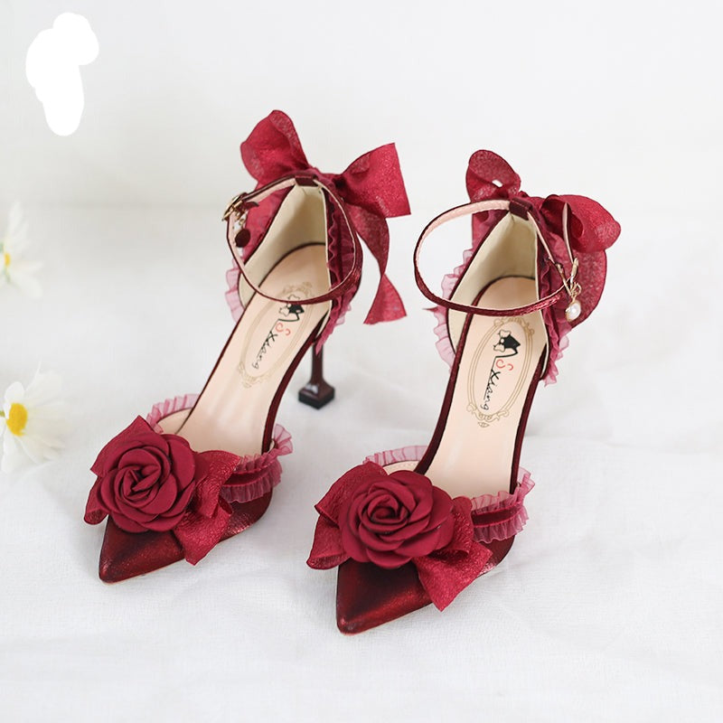 Xiaogui~Elegant Lolita High-Heeled Camellia Bows Shoes 34 burgundy 5cm 