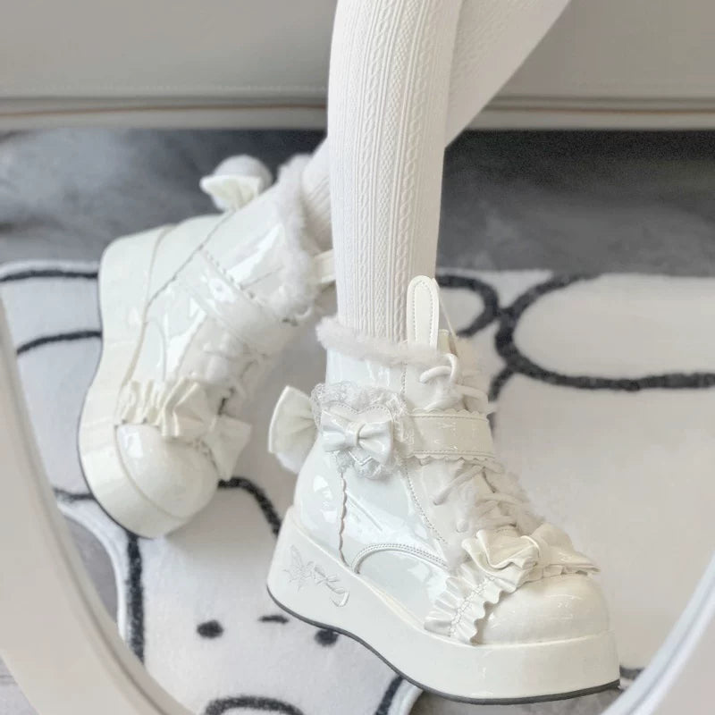 Bunny Tail - Fuzzy Kawaii Lolita Snow Boots, Detachable Plush Bow 44447:808616