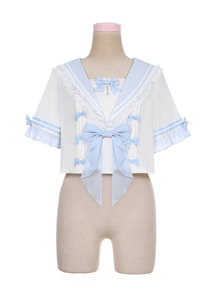 (BFM)Dear Dolls~Kawaii Lolita Shirt JK Sailor Half Skirt S White- light Blue Top 