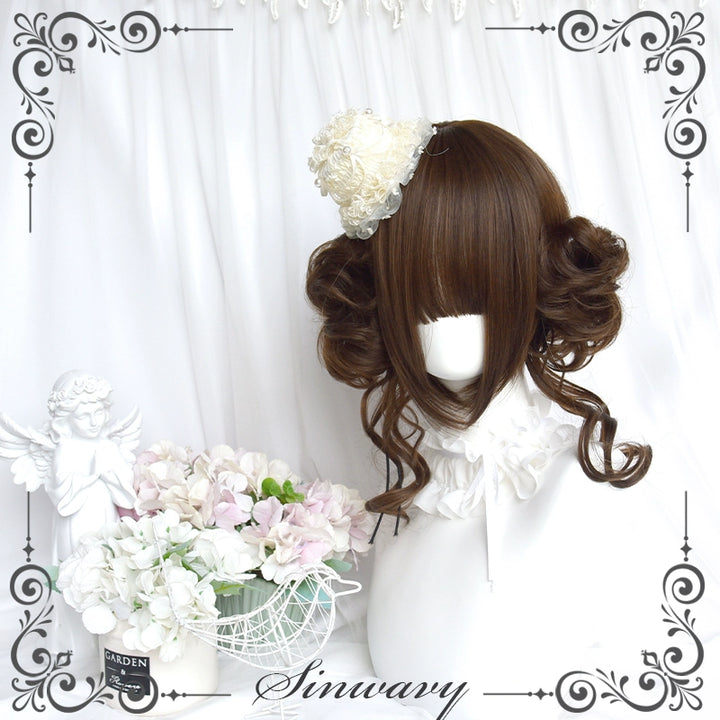 Sinwavy~Kawaii Lolita Brown Wig Cute Bun Ponytail Doll-like Wig   