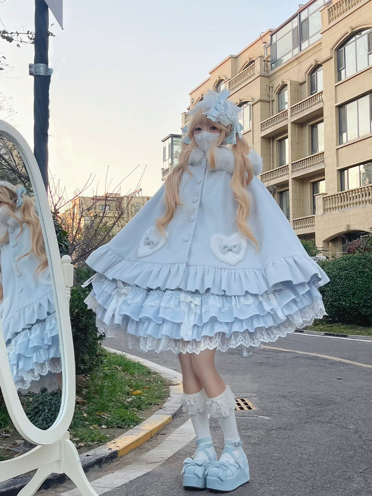 ZhiJinYuan~Winter Kawaii Lolita Cape with Bunny Ear Hood Blue cape only F