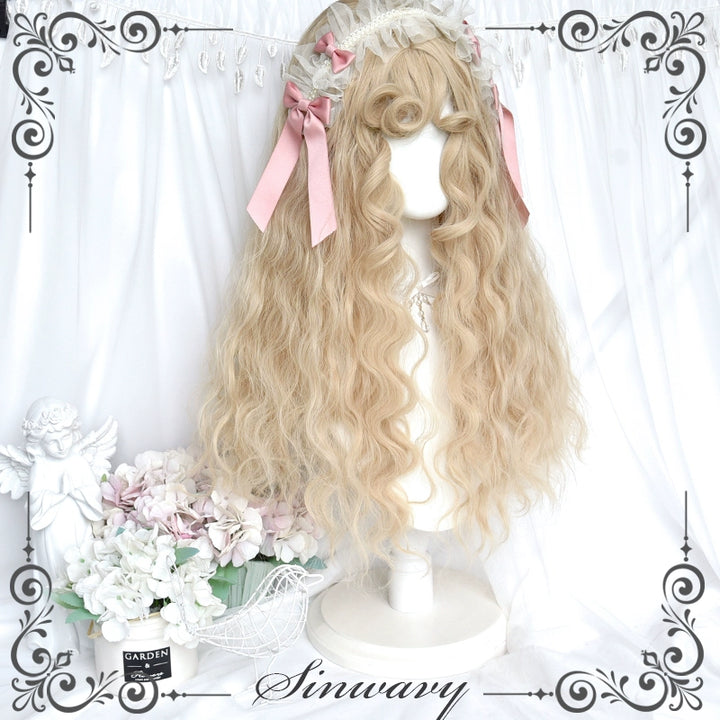 Sinwavy~Sweet Lolita Curly Wig Creamy Gold Bangs Wool Roll Wig   