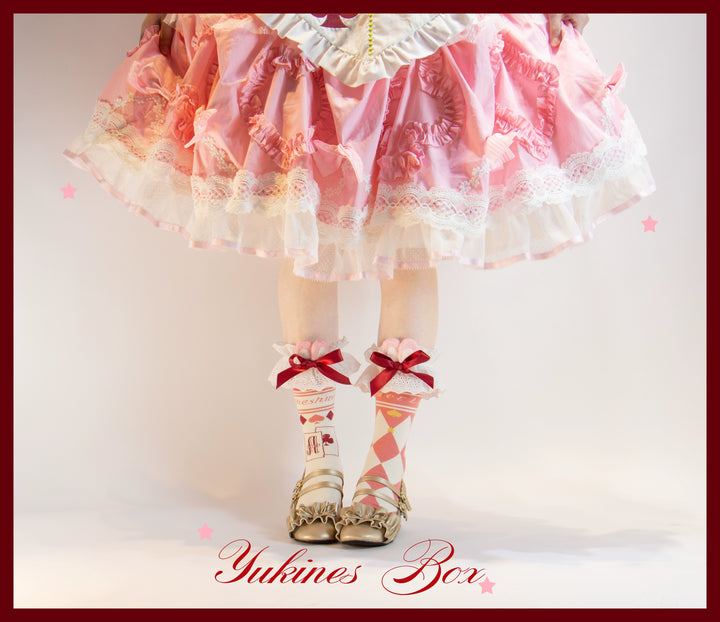 Yukines Box~Daily Lolita Cotton Asymmetric Print Socks short socks pinkish red (asymmetrical print) 