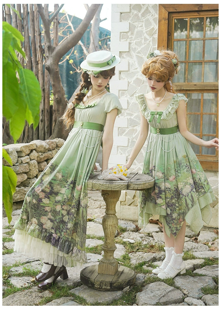With PUJI~Blooming Rose~Chiffon Classic Lolita Dress Set Painting Styled OP & JSK