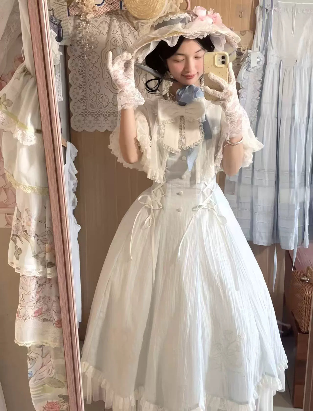 Kuma~Little Wind Chime~Elegant Lolita OP Water Blue Dress With Decorative Tulle Cape