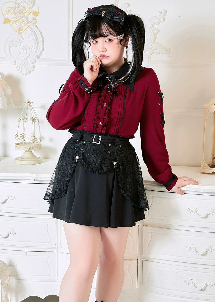 (BFM)Fluffy Heart~Vampire~Jirai Kei Rhinestone Belt Black Lace Double Layers Skirt