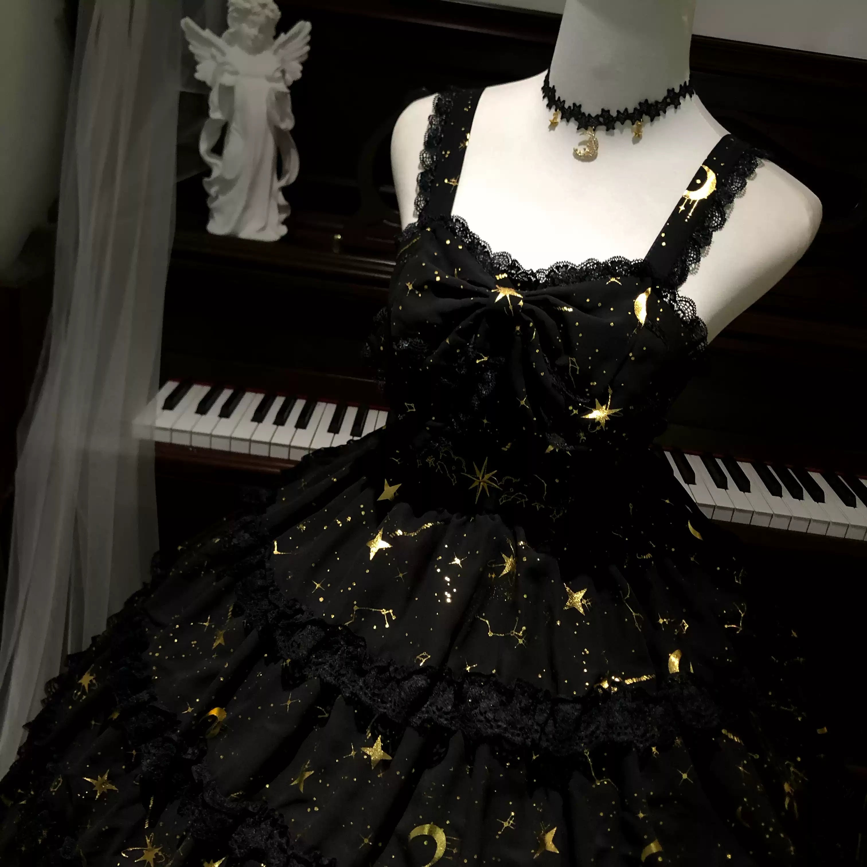 Twin Stars - Classic Lolita Chiffon JSK Dress, Star & Moon Stamping (L M S) 45764:861320