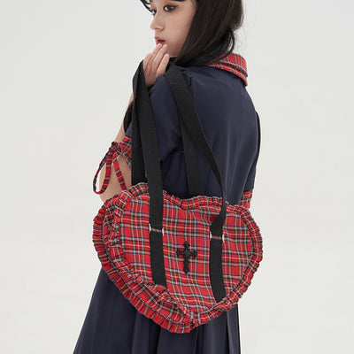 (BFM)Soso Meme Club~Vintage Lolita Heart Shaped Plaid Dot Print JK Uniform Bag red  