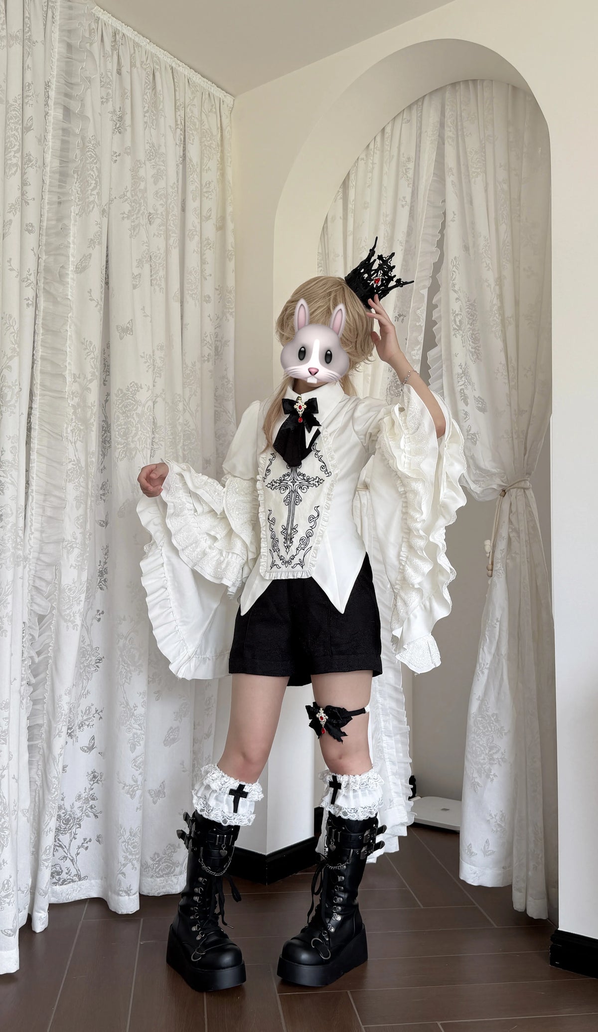 Sloth of Seven Deadly Sins - Ouji Lolita Hime Sleeve Blouse & Shorts Set, Cross Embroidery