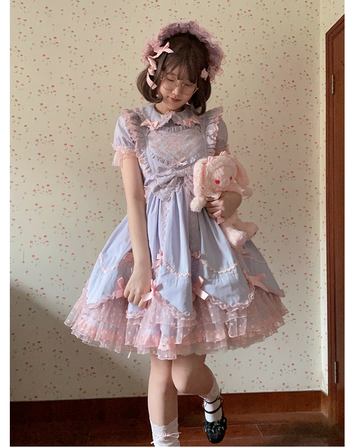 (BFM)The Seventh Doll~Sweet Diary SP~Vintage Lolita Jumper Dress Petal-like Hem JSK Headdress Set S light purple bonnet full set(a JSK +a short sleeve shirt+ a pair of cuffs and a bonnet) 