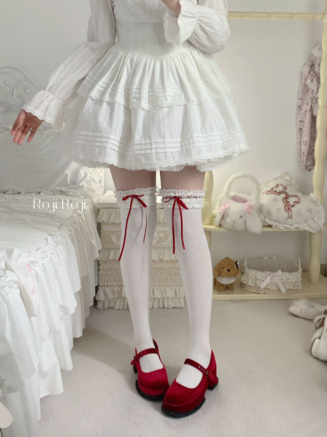 Roji Roji~Gentle Town~Sweet Lolita Cotton Calf Socks Ankle Socks Red thigh-high socks (no sock clips included) Free size