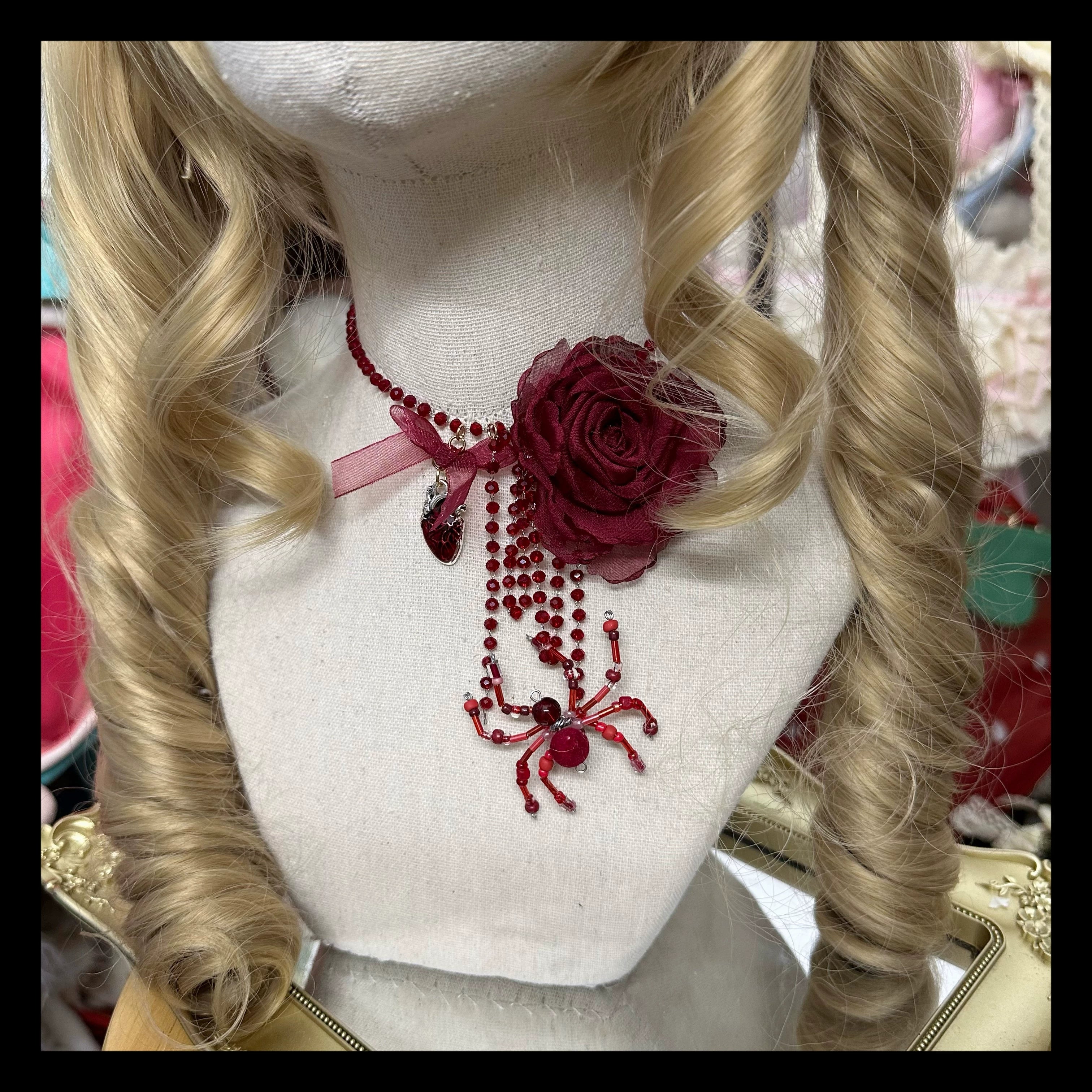 Chestnut Lolita - Gothic Lolita Hat Widow Hat Black Headdress Blood necklace with spider
