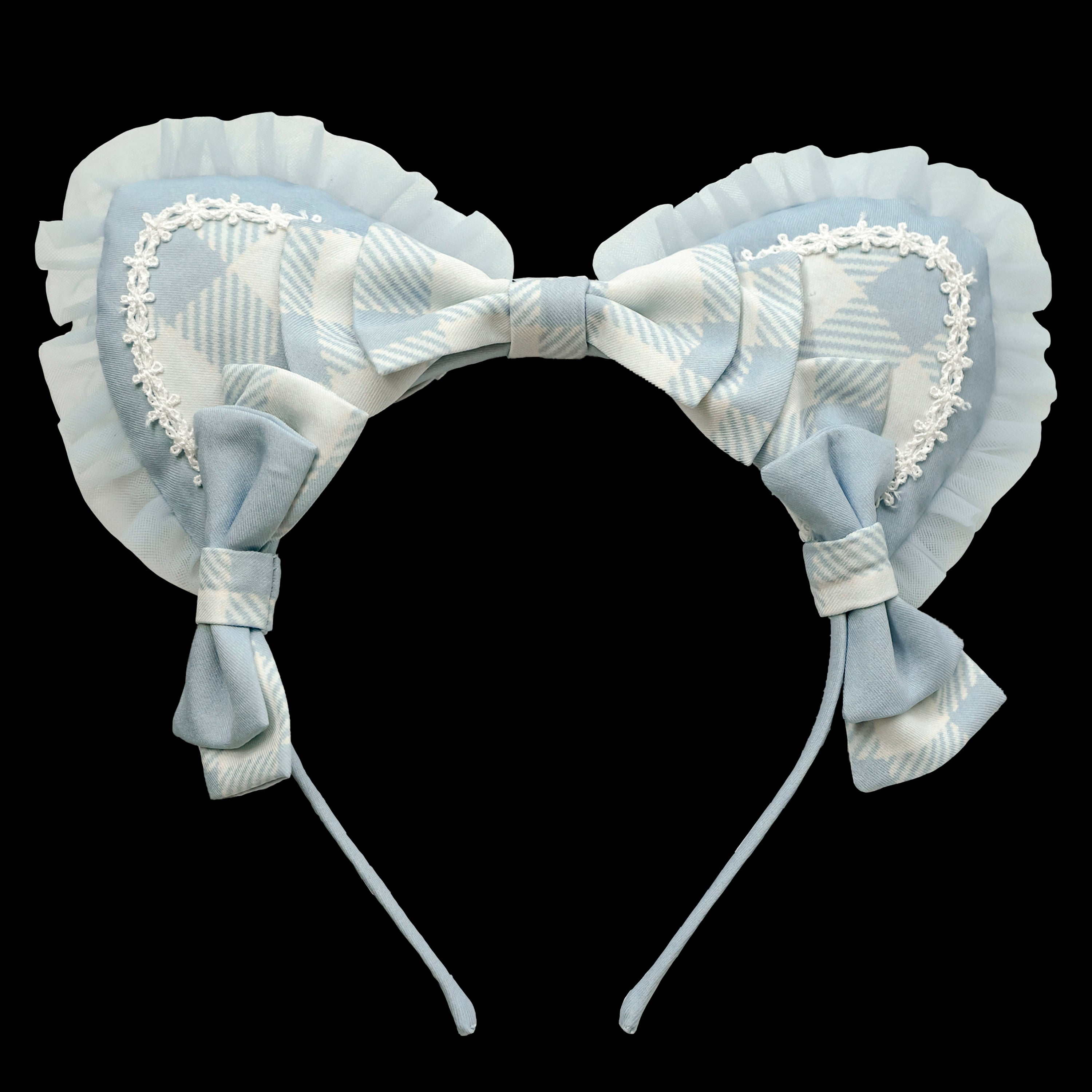 Chaton Jardin - Sunny Cat - Sweet Lolita Cat Ear KC Plaid Flower Ball Brooch One Size Light Blue-Cat Ear KC