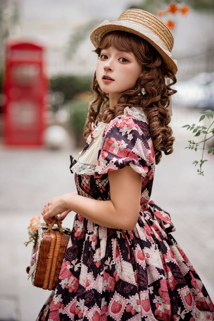 Strawberry Witch~Strawberry Stamp~Sweet Lolita OP Short Sleeve Lolita Dress S Red and black SK (same color with the model but in SK version) 