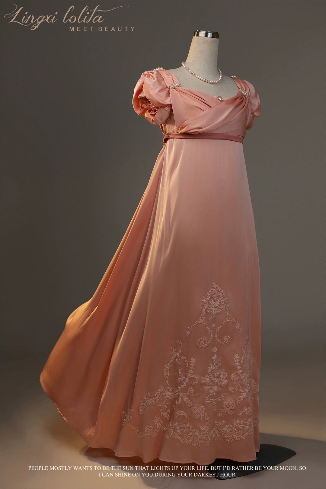 Lingxi Lolita~Ophelia~Vintage Lolita OP Dress Empire Waist Satin Dress One size fits all Coral pink 