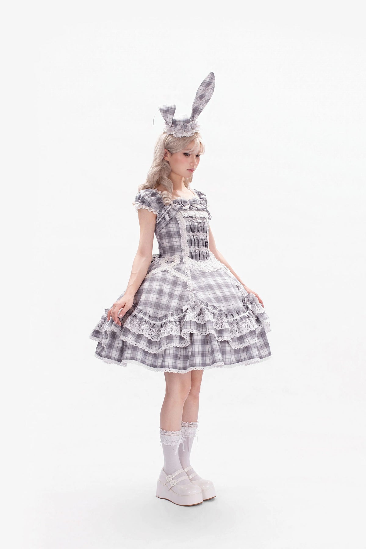 Plaid Lace Bunny - Old School Lolita Plaid OP Dress, Lace Trim 45992:871302