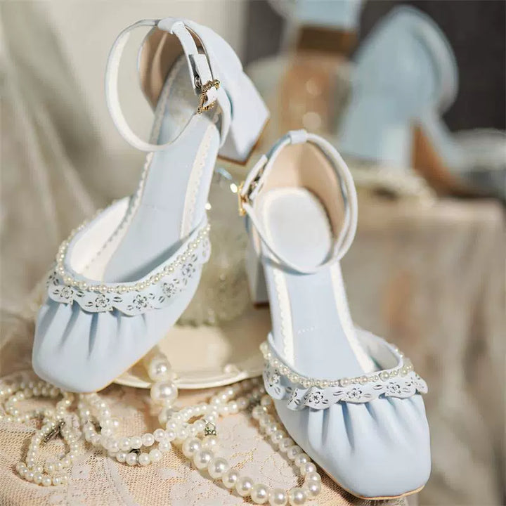 MR.Qiutian~Dance of Camellia~Elegant Lolita Chunky Shoes 5CM Heel Pearl Decoration 35 Light blue 