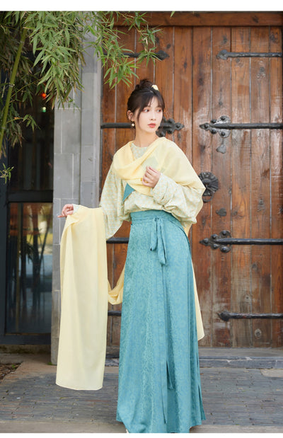 Chixia~Han Lolita Blue Eight-piece Skirt and Yellow Shirt eight-piece skirt S 