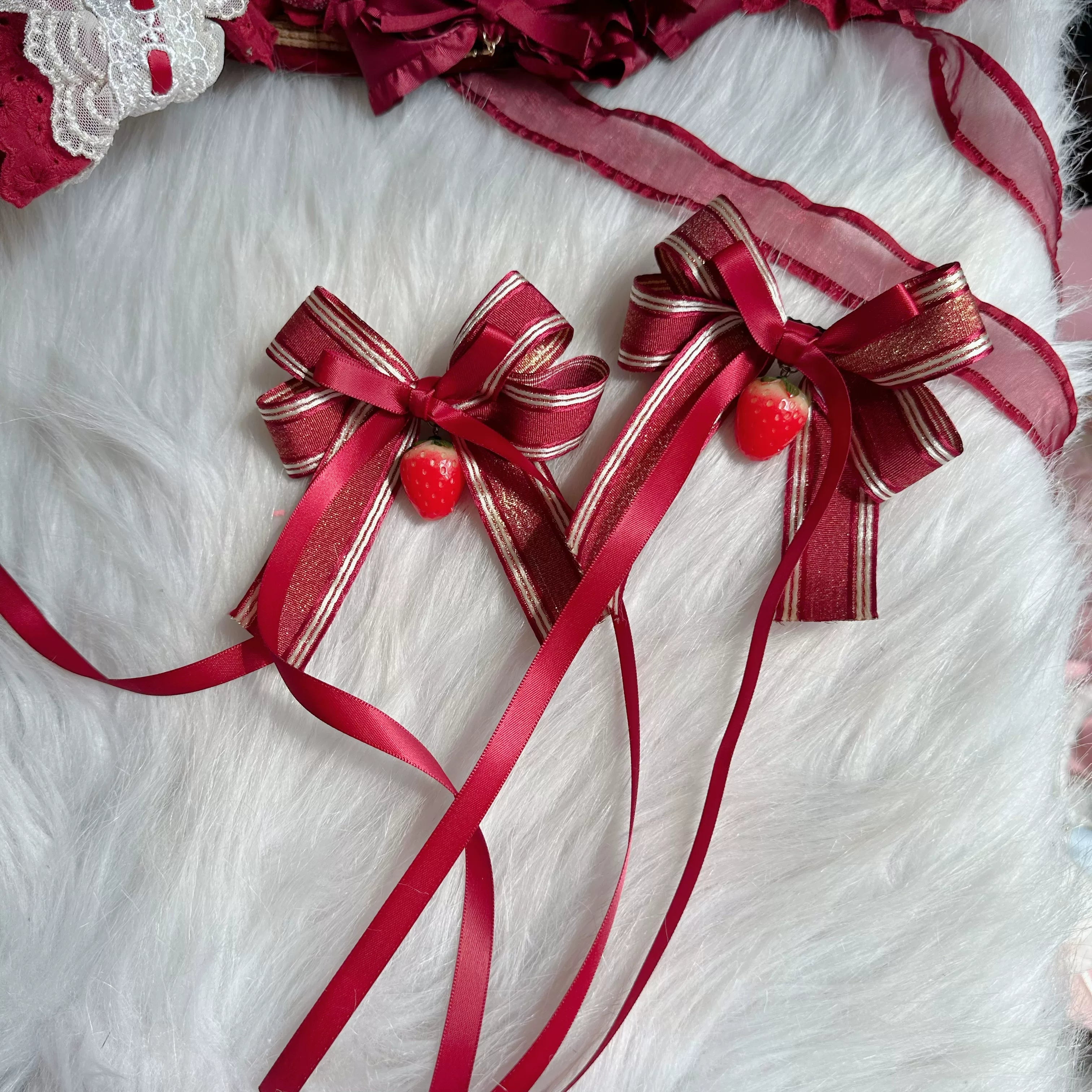 Red Sweet Lolita Headdress, Bows and Strawberry Pendants One Double-layer Hair Clip Only