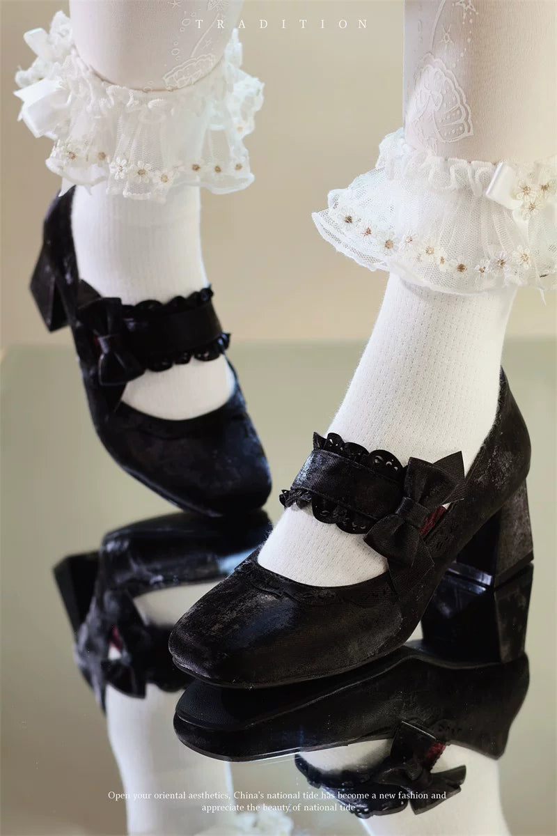 Heidi Manor - Classic Lolita Chunky Heels Shoes, Cutout Trims 44499:812236