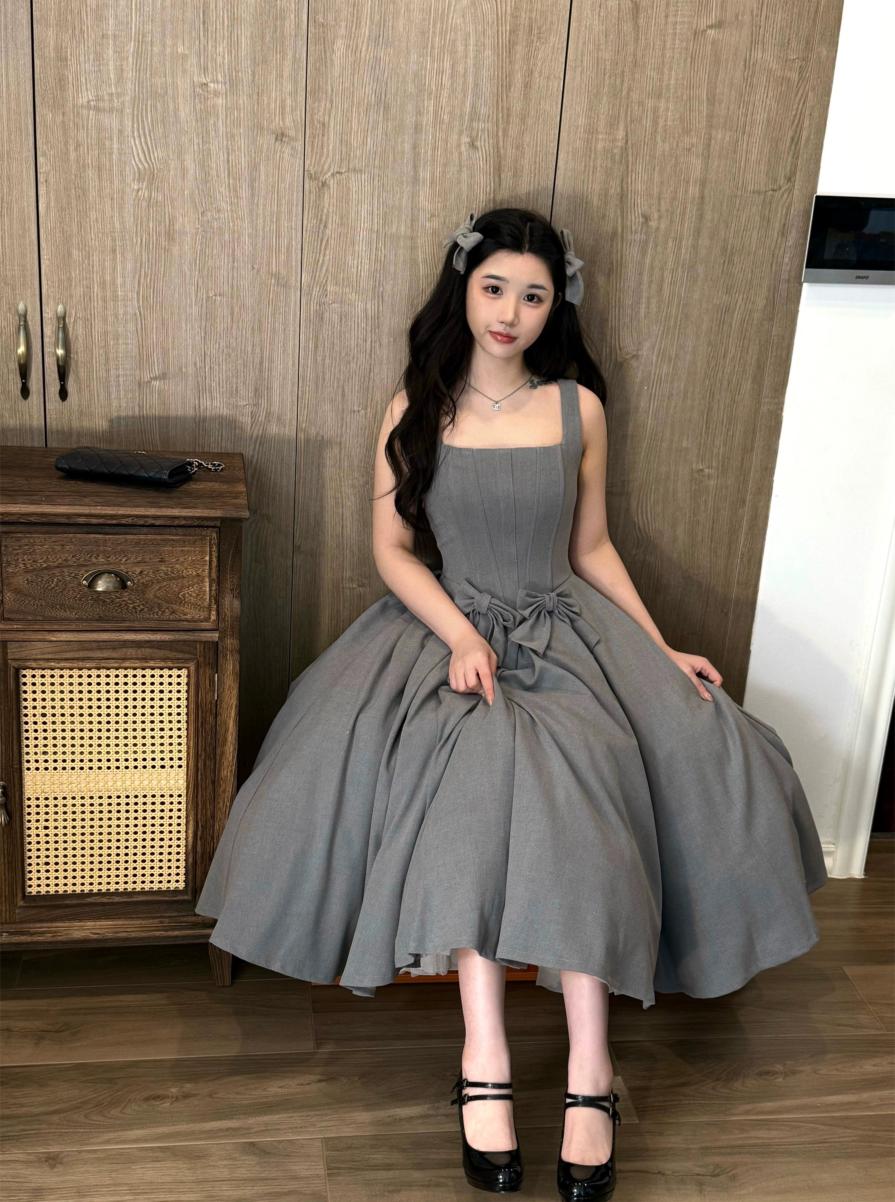 Sweet Wood - Margaret - Plus Size Lolita Dress Suit Solid JSK Gray JSK + Waist Bows Free Size