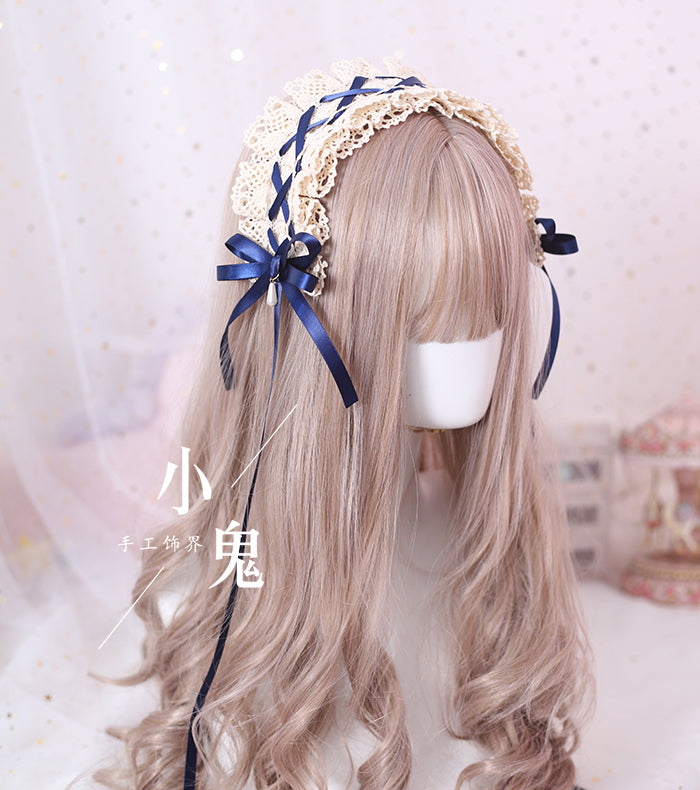 (BFM)Xiaogui~Japanese Style Sweet Lolita Lace Headband Multicolors Deep Blue + Cotton Headband  