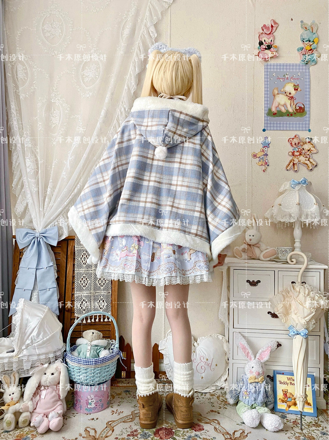 Qianmu~Waffle~Kawaii Lolita Cape Daily Lolita Plaid Hoodie Cloak